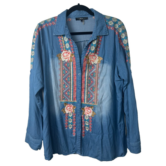 Andree By Unit Embroidered Floral Bttn Shirt Blouse L Boho Western Chambray B14 - Picture 1 of 8